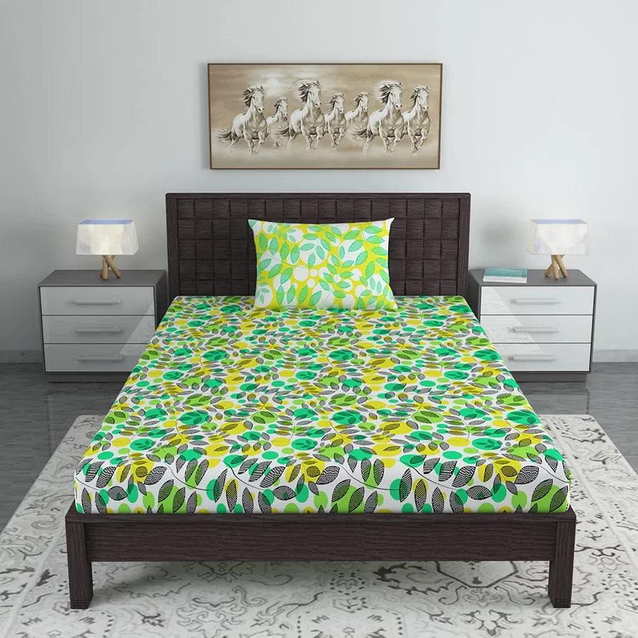 Divine Casa 144 TC Cotton Bedsheet for Single Bed with 1 Pillow Cover Colour Green & Yellow