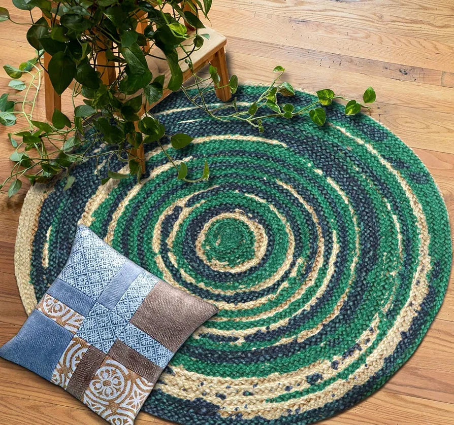 The Home Talk Natural Handcrafted Braided Round Jute Rug Traditional Carpet Blue & Green