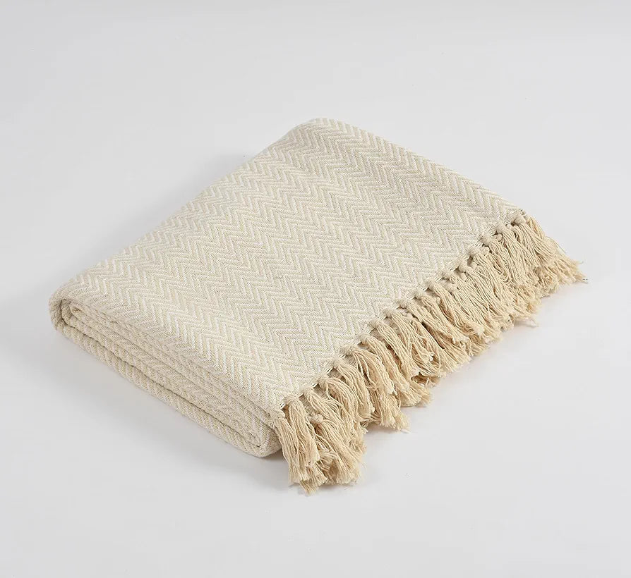 Sashaa World Chevron Cotton Sofa Throw with Tassels Colour Beige and Natural