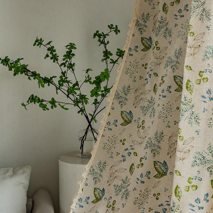 Huesland Cotton Curtains for Door, 7 Feet Long 1 Bohemian Eyelet Curtain | Green Leaf Floral