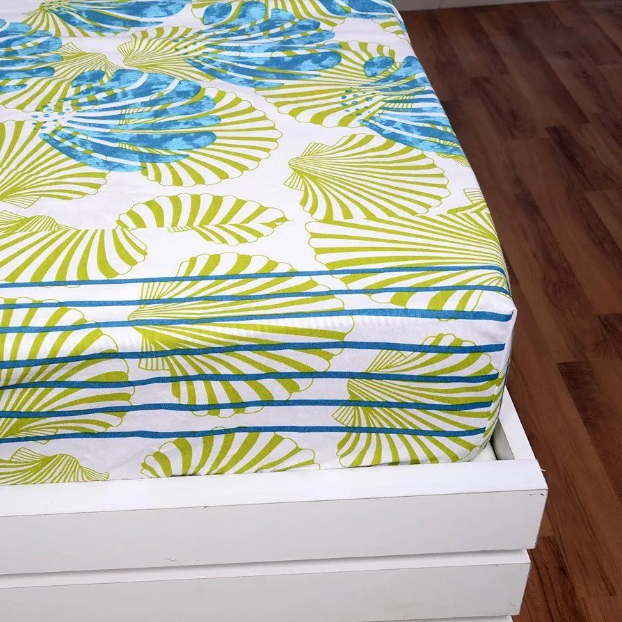 Divine Casa Cotton Acid Lime Bedsheet for Double Bed Elastic Fitted with 2 Pillow Covers  Calming Shells Colour Acid Lime