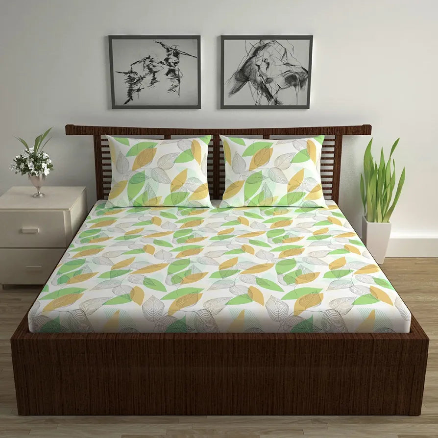 Divine Casa Double Size Bedsheet for Double Bed, 144 TC Pure Cotton Queen Size with 2 Pillow Covers Floral Colour Sage & Mustard