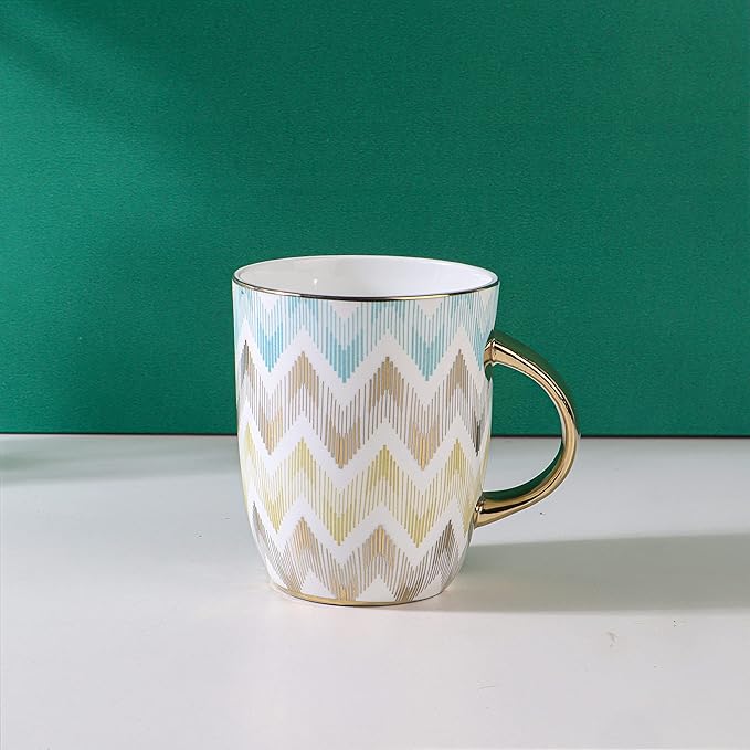 Femora India Pastel Chevron Caremic Coffee Mugs | 360 Ml, Golden | 1 Piece Set | Not Microwave Safe