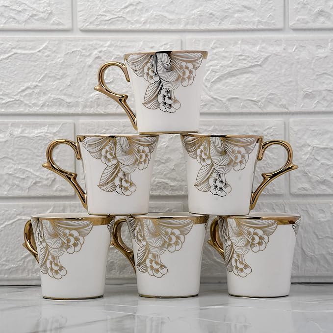 Femora Gold Wild Shroom Tea Mugs, Ceramic Tea Cups, Coffee Mugs | 160 Ml | 6 Pcs Set | Not Microwave Safe