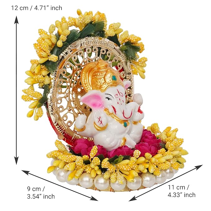 Ecraftindia Resin Handcrafted Lord Ganesha Idol on Yellow Floral Decorative Plate | Ganesha Idol
