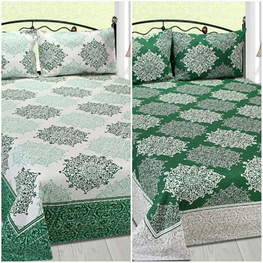 Fresh From Loom Reversible Cotton Single Bed Bedsheet 300 TC Bed Sheets with 1 Pillow Covers Green