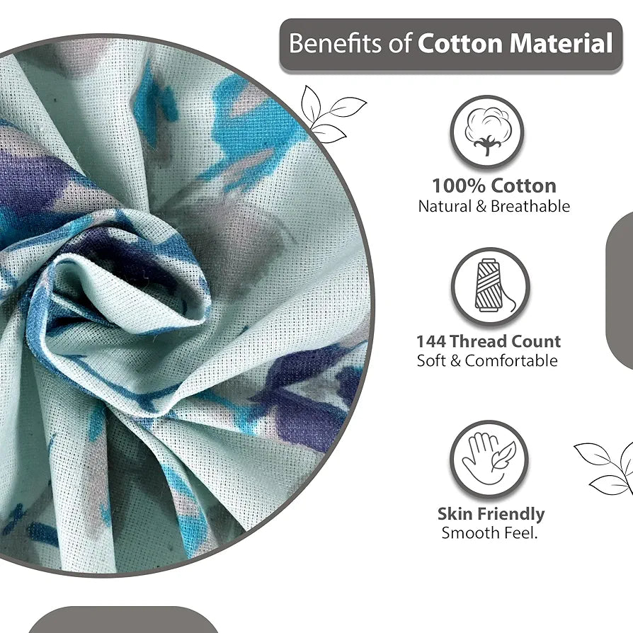 Divine Casa 144 TC Pure Cotton Double Bed Bedsheet with 2 Pillow Covers Floral Pattern Colour Sky Purple Blue