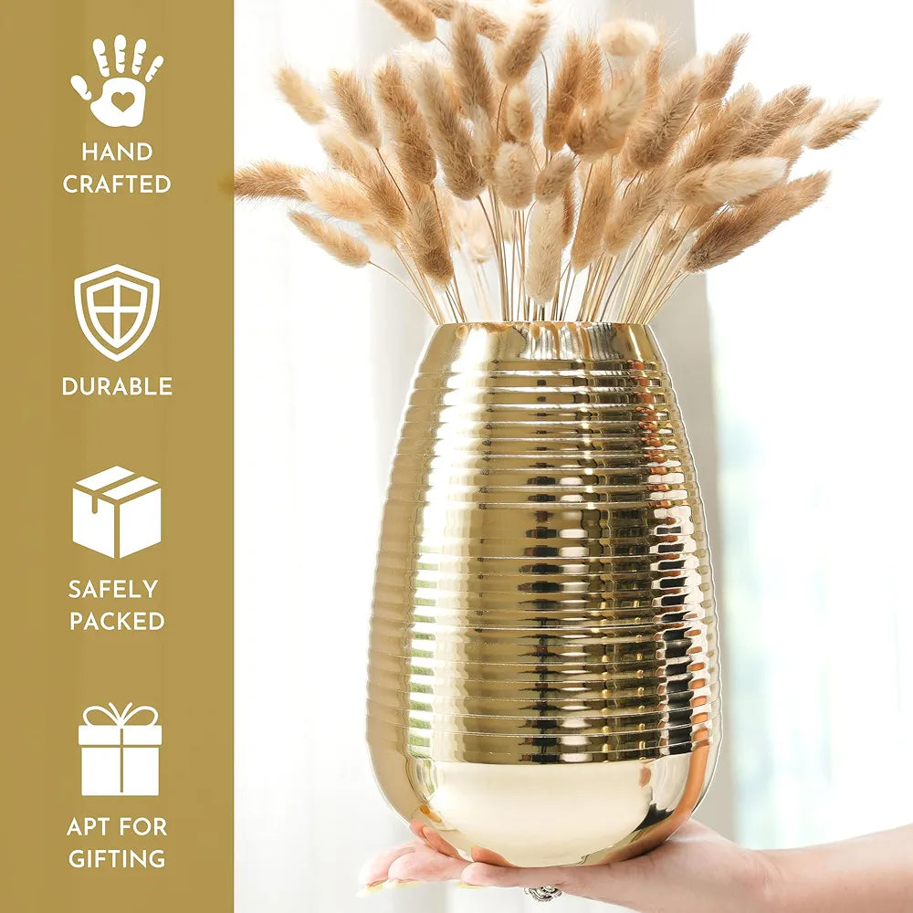 Behoma Oval Shape Metal Flower Vase Ribbed vase 8.7 inches Golden 1Pc Flowers not Included