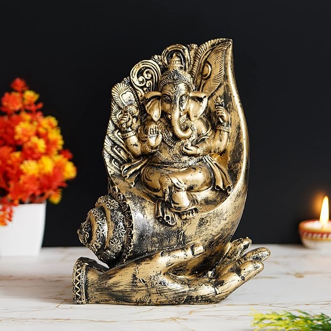 Ecraftindia Lord Ganesha Sitting on a Hand Base Handcrafted Decorative Polyresin Figurine