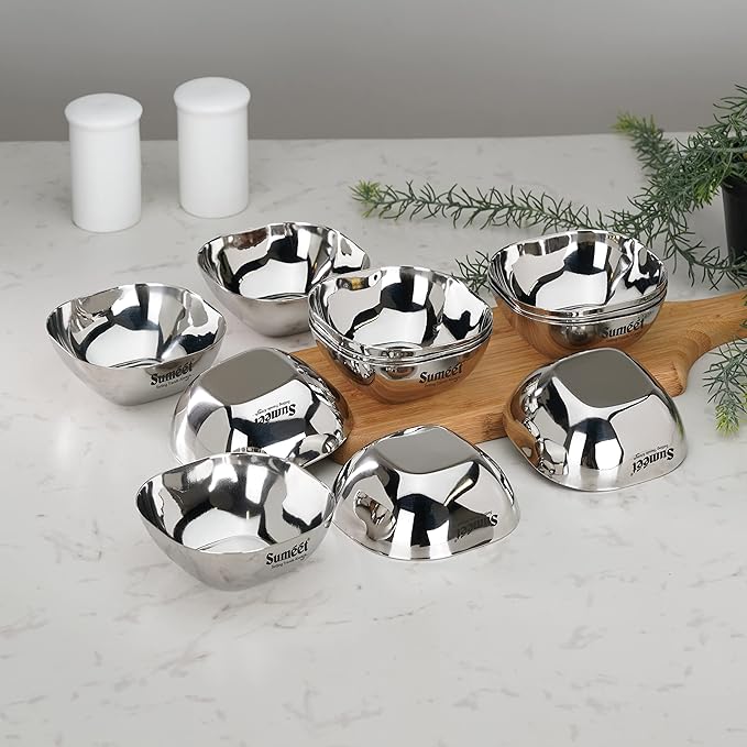 Sumeet Heavy Gauge Stainless Steel Apple Square Bowl Set of 12 pc 180 ml Each Silver