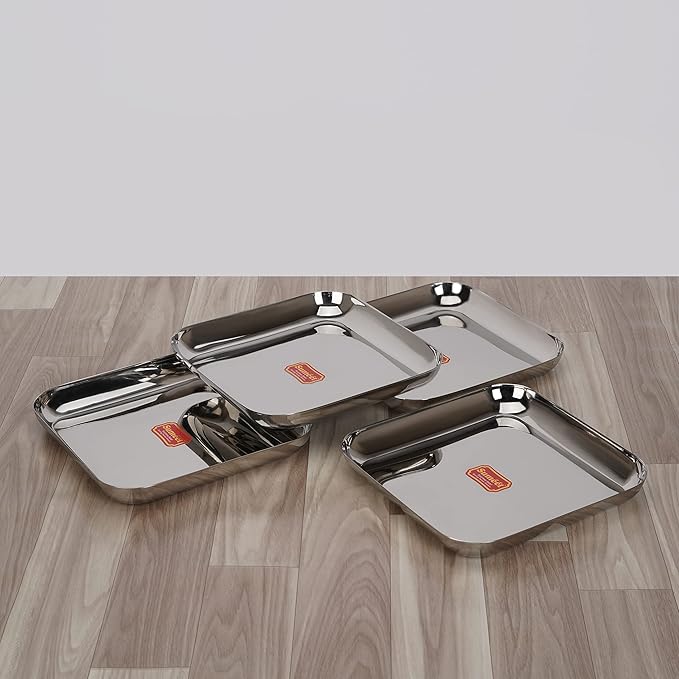 Sumeet Stainless Steel Medium Square Shape Plate Set of 4pcs 22.5cm Silver