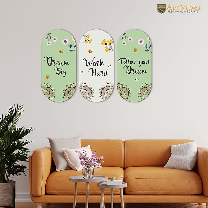 Artvibes Work Hard Motivational Quote Wall Hanging Decoration for Home | Wooden Decorative Hanger | Set of 3