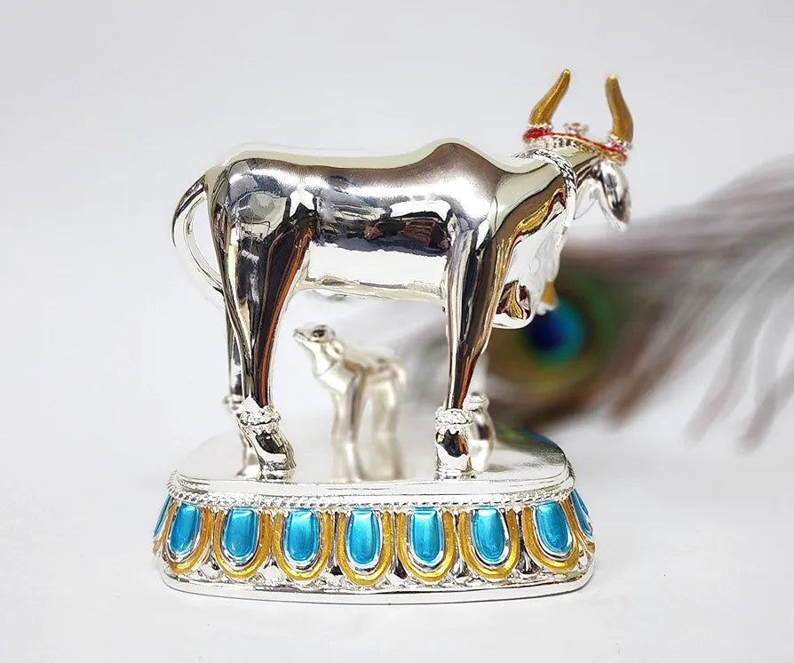 Gold Art India Kamdhenu Cow with Calf 999 Silver Plated Plain Large Size