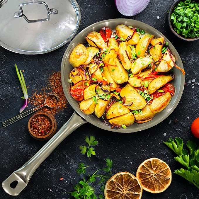 Solara Triply Stainless Steel Frypan With Lid 22 Cm | Gas Stove and Induction Friendly Frying Pan | Triply Stainless Steel Cookware