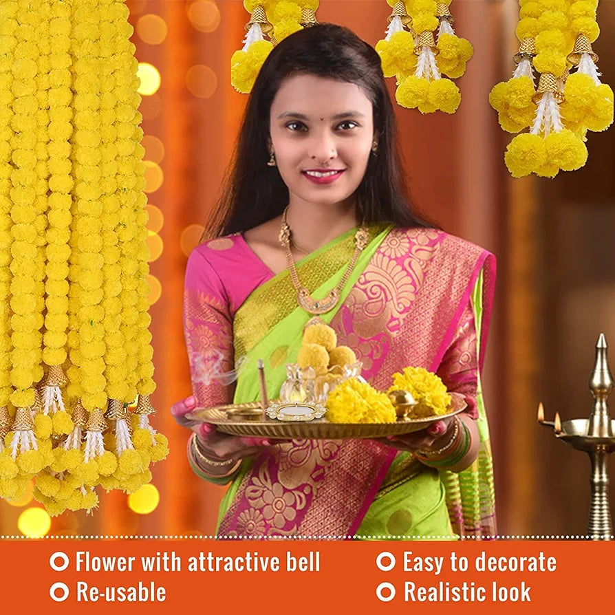 Artificial Marigold Flowers For Decoration Garland With Bell 5 Feet Long 5 Pcs With 1 Diya 5 Centimeters Yellow-Bell