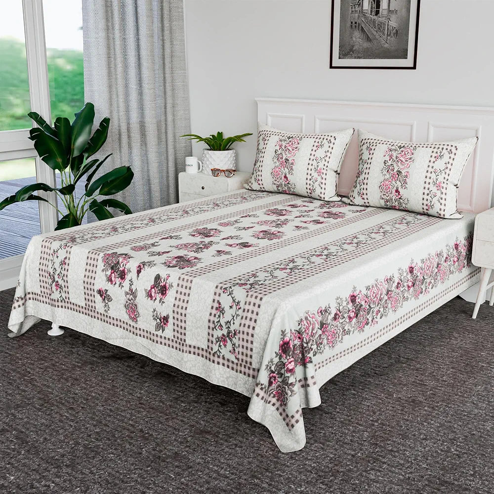 Kuber Industries Cotton Bedsheets for Double Bed with 2 Pillow Covers Spain Flower Lining Green