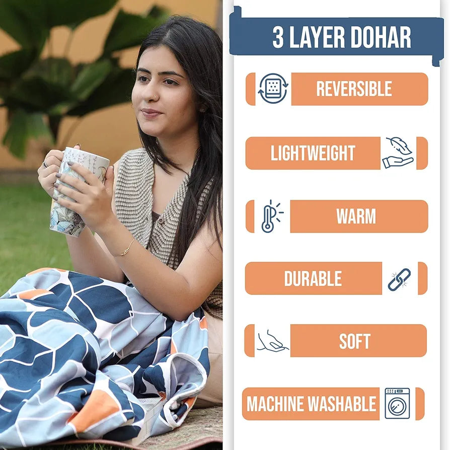 Divine Casa 120 GSM Microfiber Single Kids Dohar Soft & Lightweight Throw Blanket Geometric Pattern Colour Blue-Grey & Orange