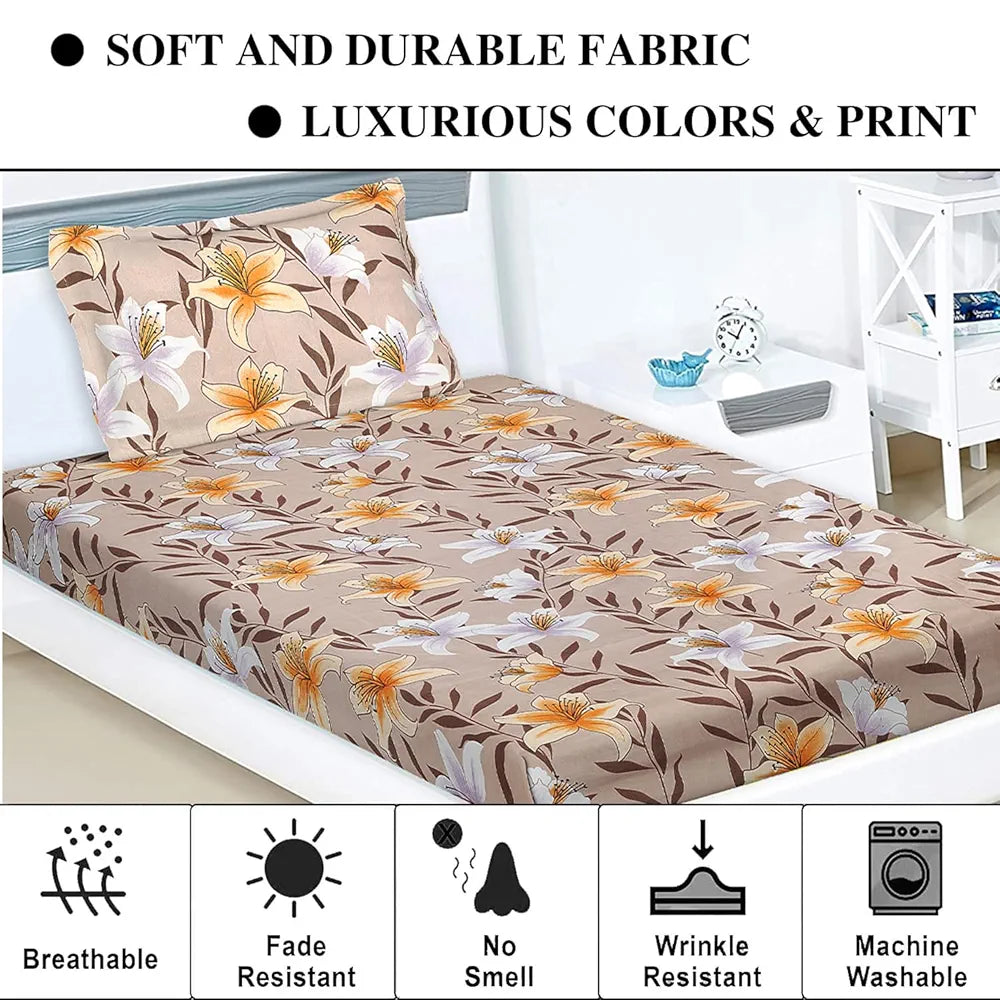 Kuber Industries Cotton Single Bedsheet with 1 Pillow Cover Flower Design Light Brown