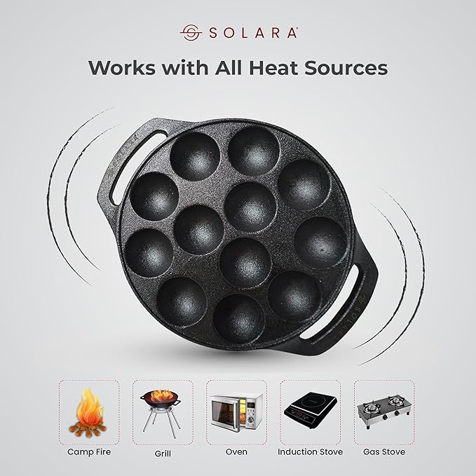 Solara Pre Seasoned Cast Iron Paniyaram Pan 12 Cavities 20 Cm Appam Patra, Paniyarakkal Pan | Cast Iron Cookware