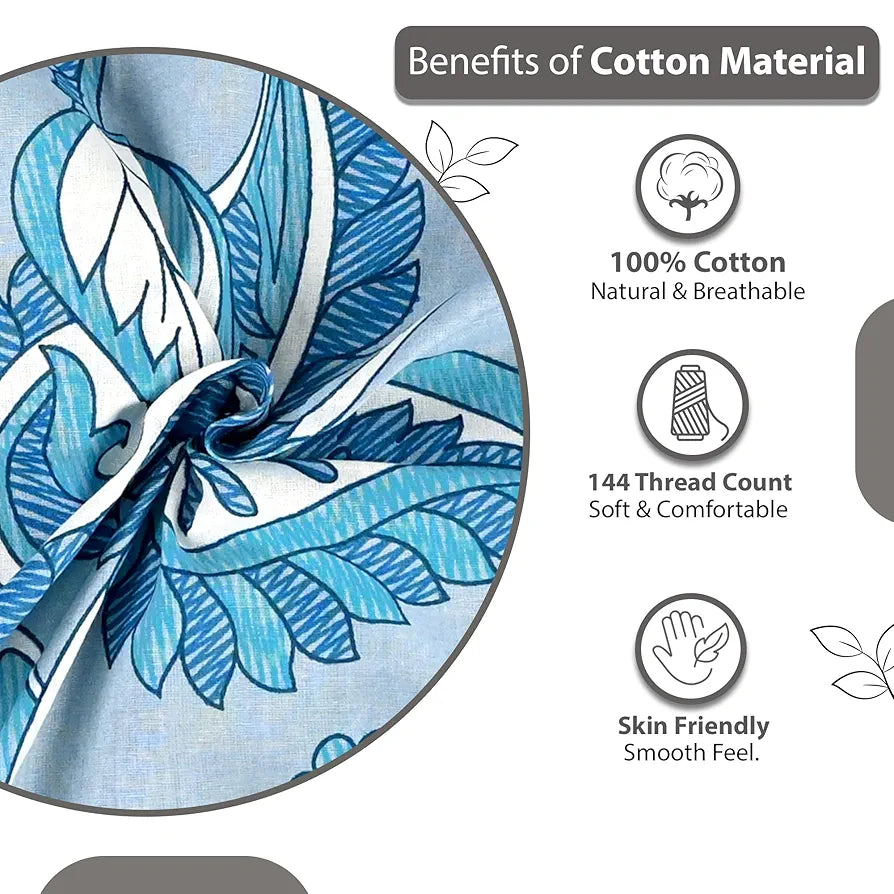 Divine Casa 144 TC Pure Cotton Double Size Bedsheet with 2 Pillow Covers Floral Paisley Colour White Aqua Blue