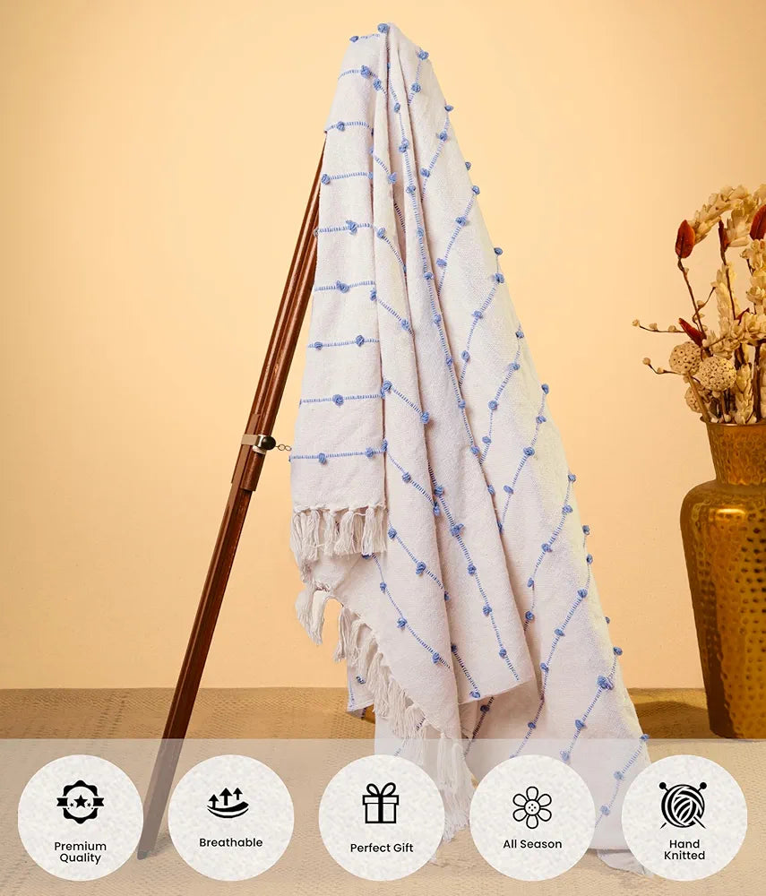 Sajavat Home Hand Knitted Pure Cotton Sofa Throw Colour Beige & Blue
