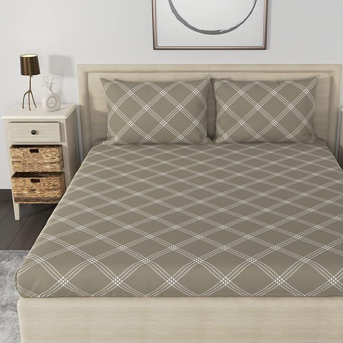 Huesland by Ahmedabad Cotton 186 TC Cotton Bedsheet for Double Bed King Size with 2 Pillow Covers | 9ft x 9ft | Brandon Beige