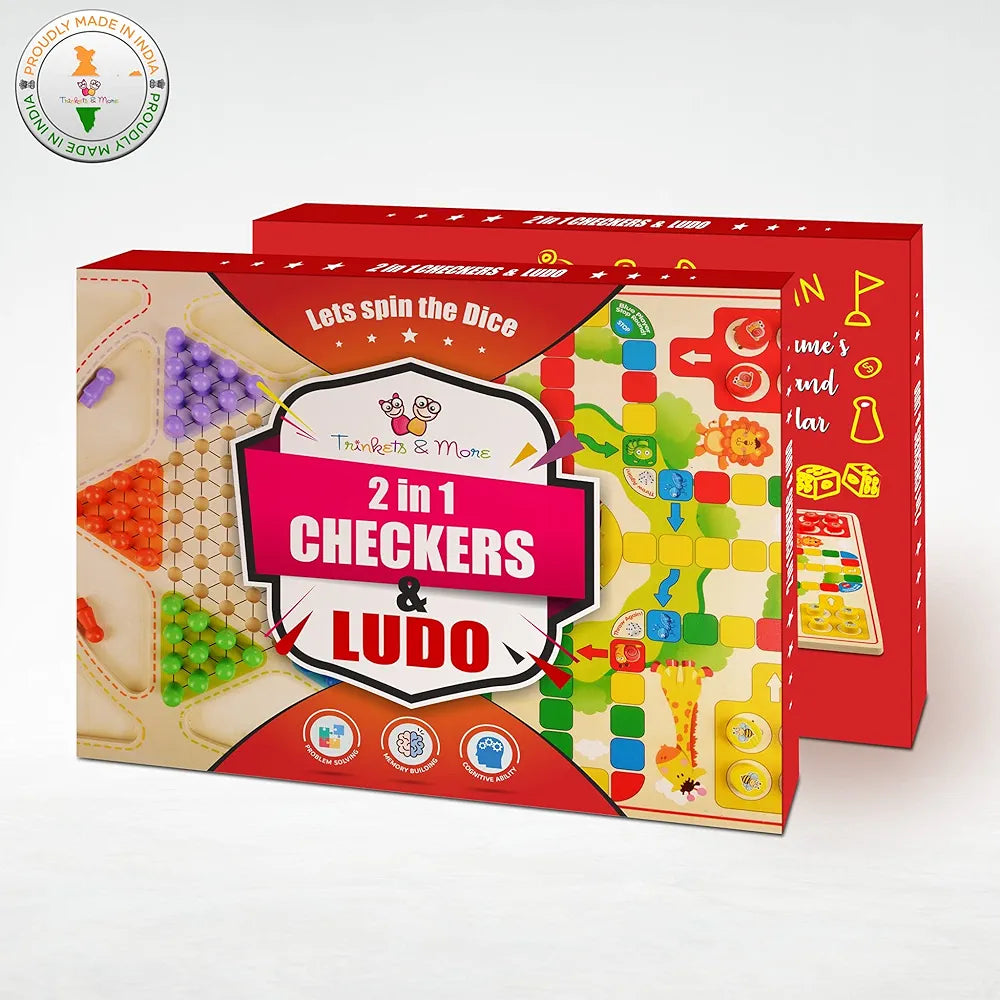 Trinkets & More - Chinese Checker Board & Ludo 2 in 1 Premium Wooden Classic Board Game for Adults and Kids Superb Family Office Game | Picnic Toys 3+ Years 
