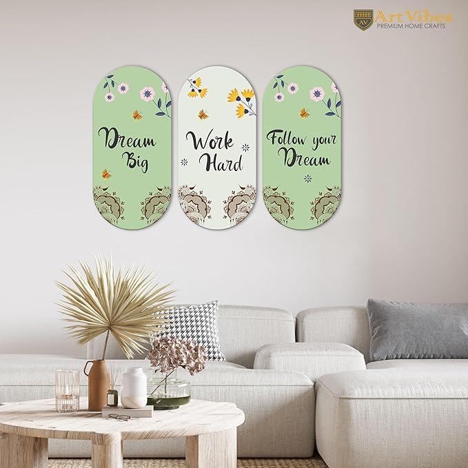 Artvibes Work Hard Motivational Quote Wall Hanging Decoration for Home | Wooden Decorative Hanger | Set of 3