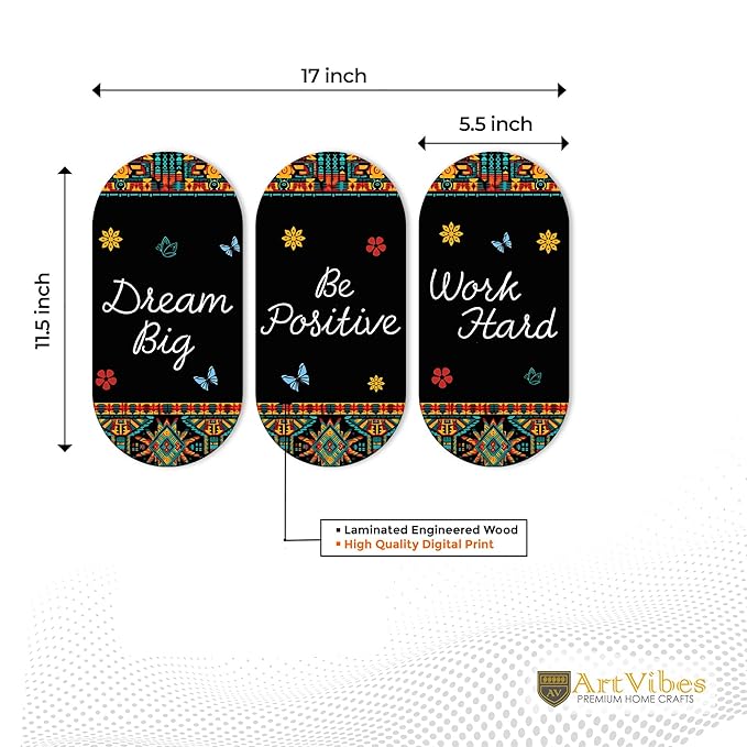 Artvibes Dream Big Positive Quotes Printed Wooden Wall Hanger for Home | Modern Decoration Items | Artworks | Set of 3