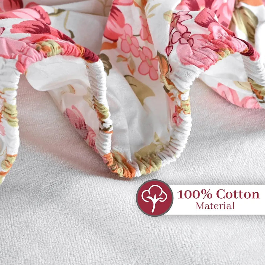 Divine Casa Floret 100% Cotton Double Fitted Bedsheet 144 TC Colour Rosy Retreat