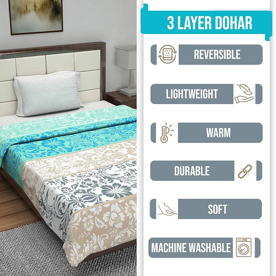 Divine Casa 120 GSM Dohar Single Bed Cotton Reversible Quilt AC Blanket for Winter Soft Light-Weight Bed Razzai Colour Blue and Grey