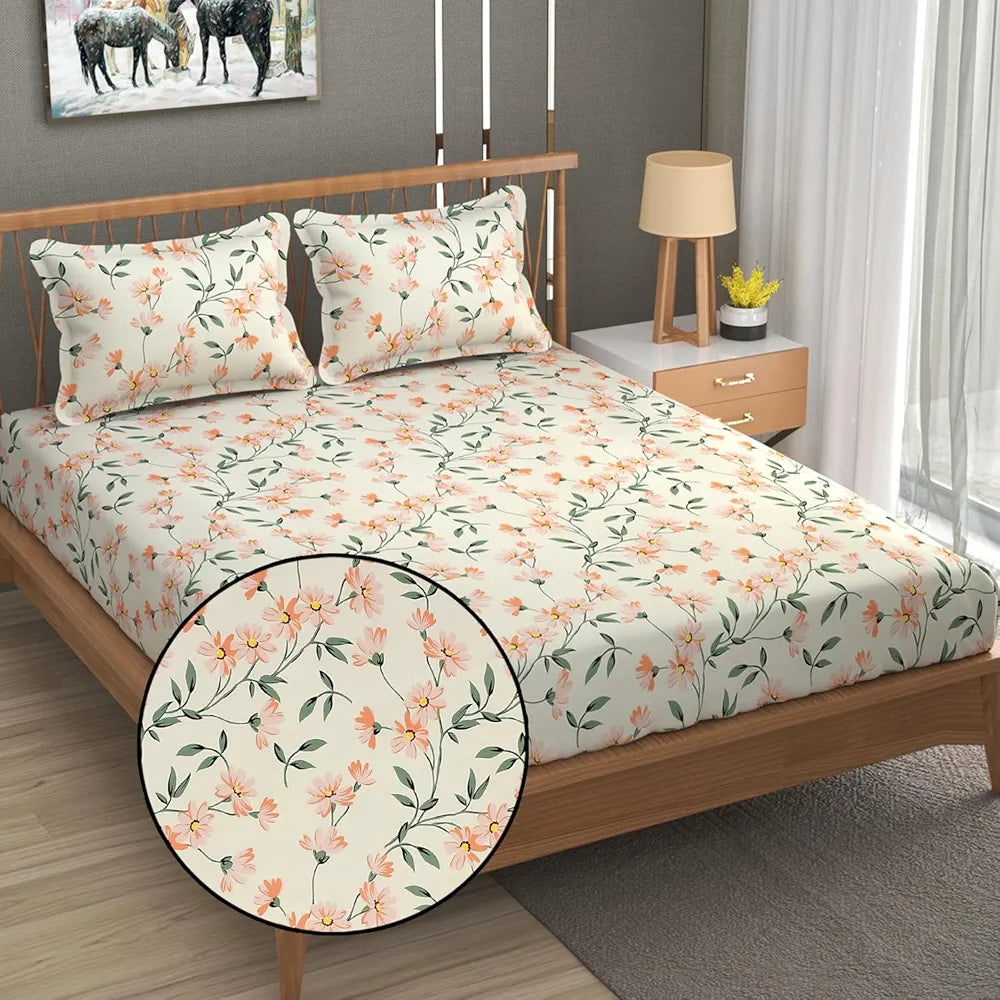 Fresh From Loom King Size Microfiber Floral Print Fitted Bedsheet 240 TC Hypoallergenic Includes 2 Pillow Covers Barely-Peach Barely-Peach