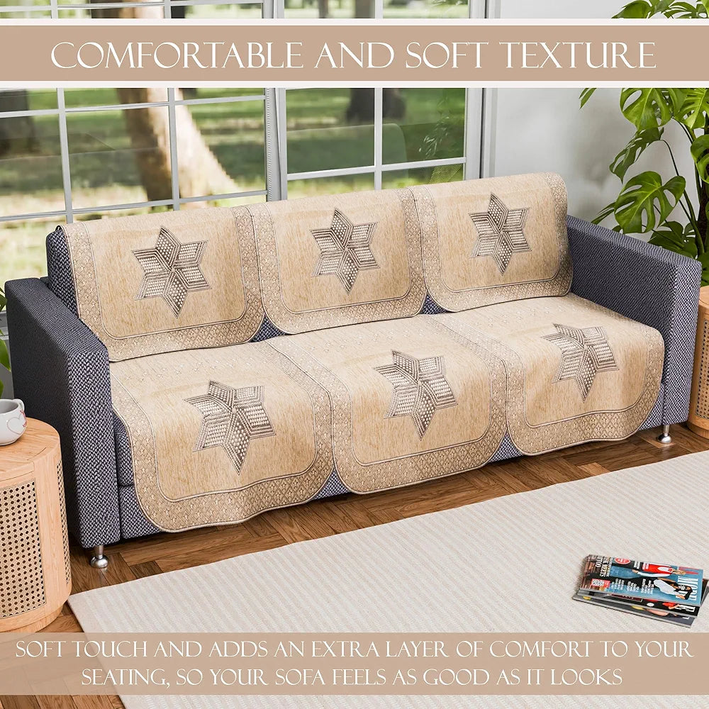 Kuber Industries Set of 6 Durable 3 Seater Sofa Cover Star Print Cream & Brown