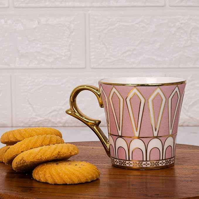 Femora Dropped U Scale Pattern Pattern Golden Tea Mugs, Ceramic Tea Cups, Coffee Mugs | 160 Ml | Pink | 6 Pcs Set | Not Microwave Safe