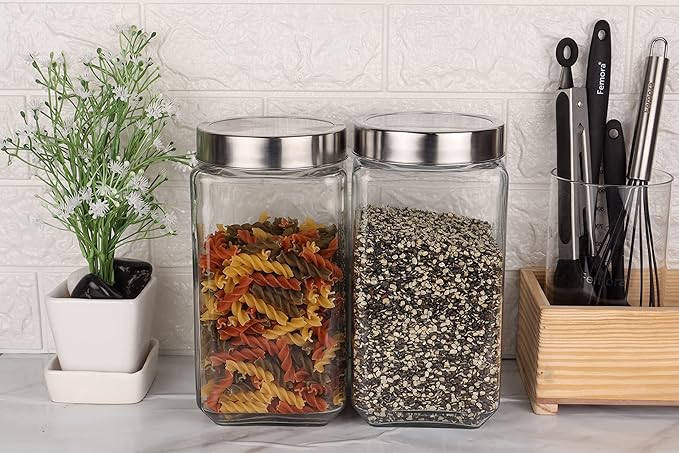 Femora Clear Glass Octa Jar With Steel Lid, Airtight Lid Jar for Kitchen Storage | 2000 Ml | Pack of 2