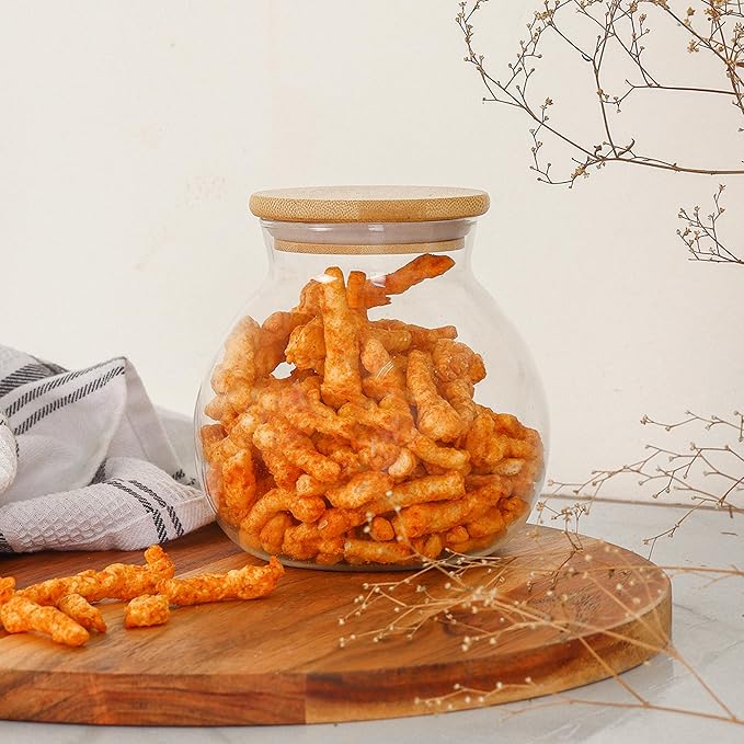 Femora Kitchen Storage Jars Borosilicate Glass With Wooden Lid Air Tight Jar | 1000 Ml | Pack of 2