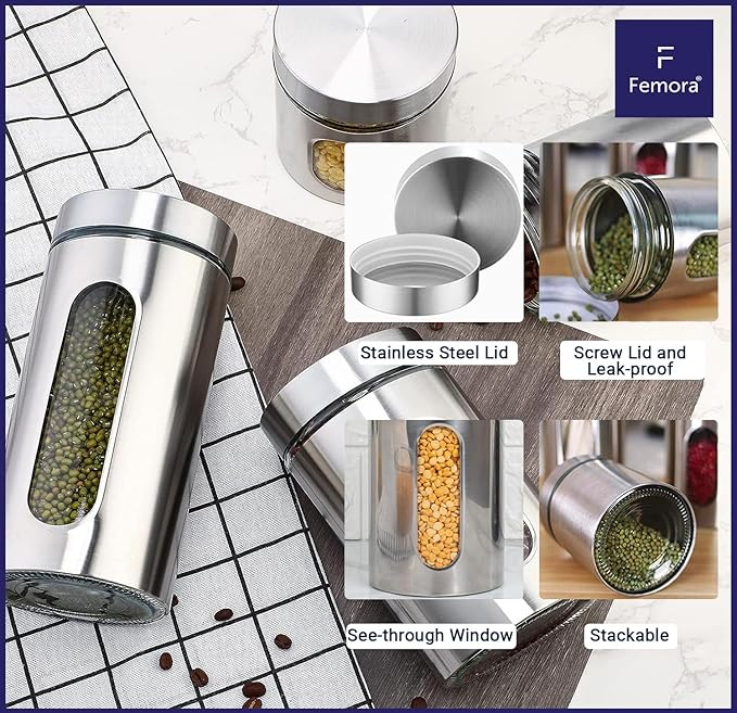 Femora Kitchen Storage Jars Steel Body With See Through Window Jar | 1000 Ml | Pack of 4