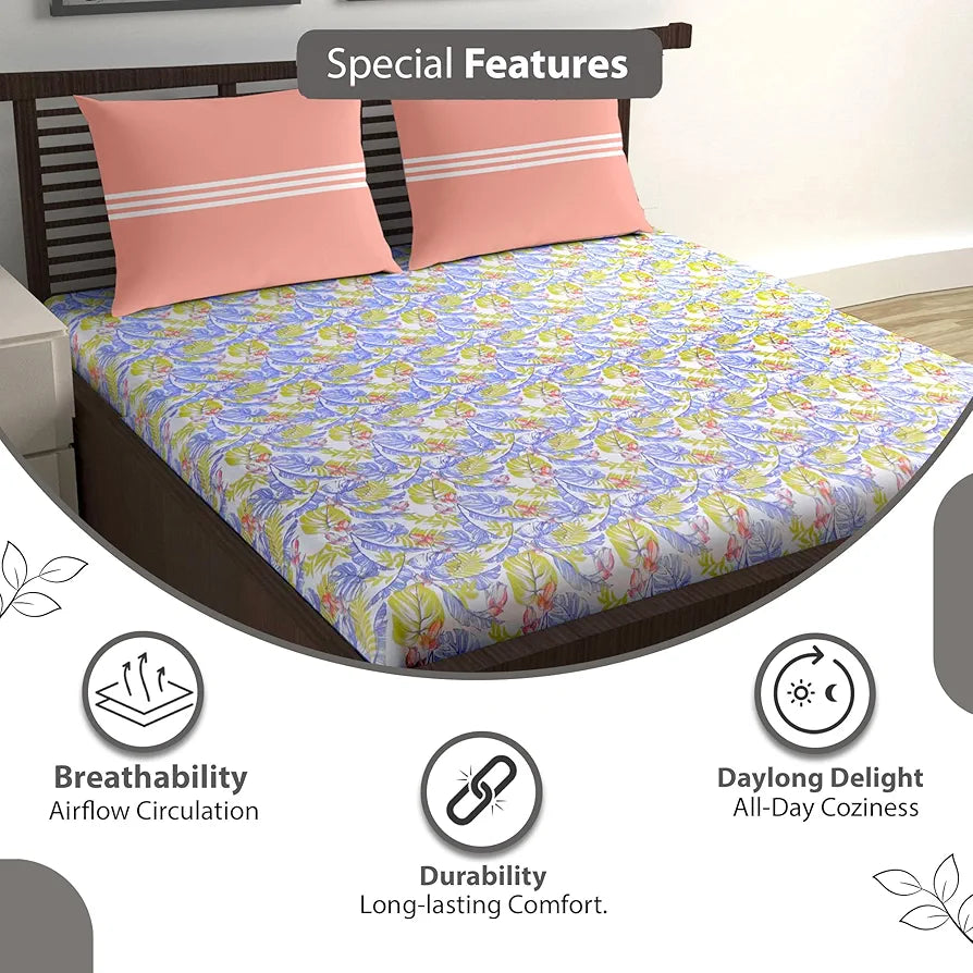 Divine Casa 144 TC Cotton Double Bedsheet with 2 Pillow Covers Tropical Breeze Colour Lavender Gold