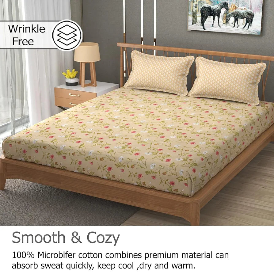 Fresh From Loom 240 TC XXL Microfiber Soft Cotton King Size Bedsheet for Double Bed with 2 Pillow Cover Hypoallergenic Soft Bed Sheet Dairy Cream