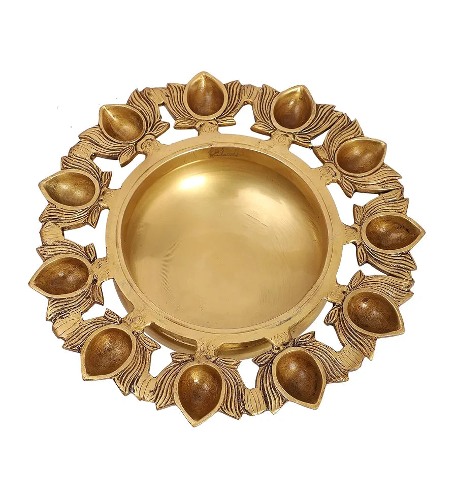 Two Moustaches 9.5 Inches Brass Urli Bowl with Lotus Design 11 Diyas Urli for Flowers