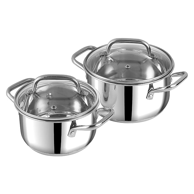 Vinod Mainz Stainless Steel Cookware set of 2 | 1.2 and 2 Litre Saucepot with Glass Lid | SAS Bottom | Biryani Pot