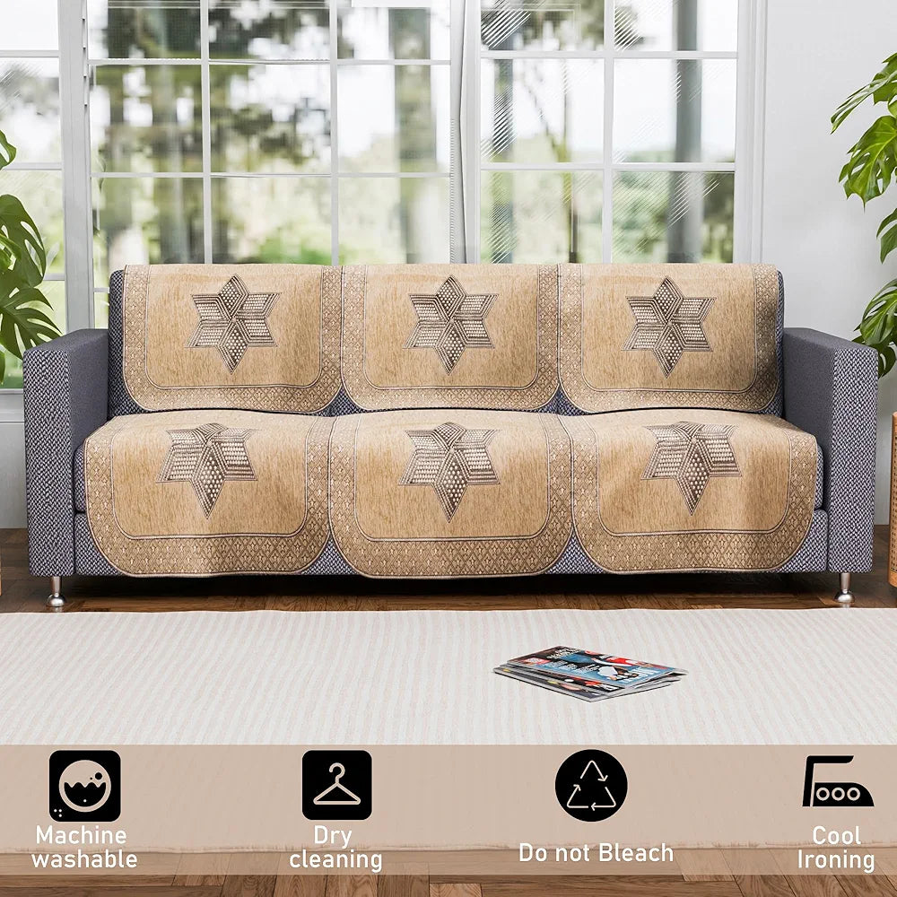 Kuber Industries Set of 6 Durable 3 Seater Sofa Cover Star Print Cream & Brown