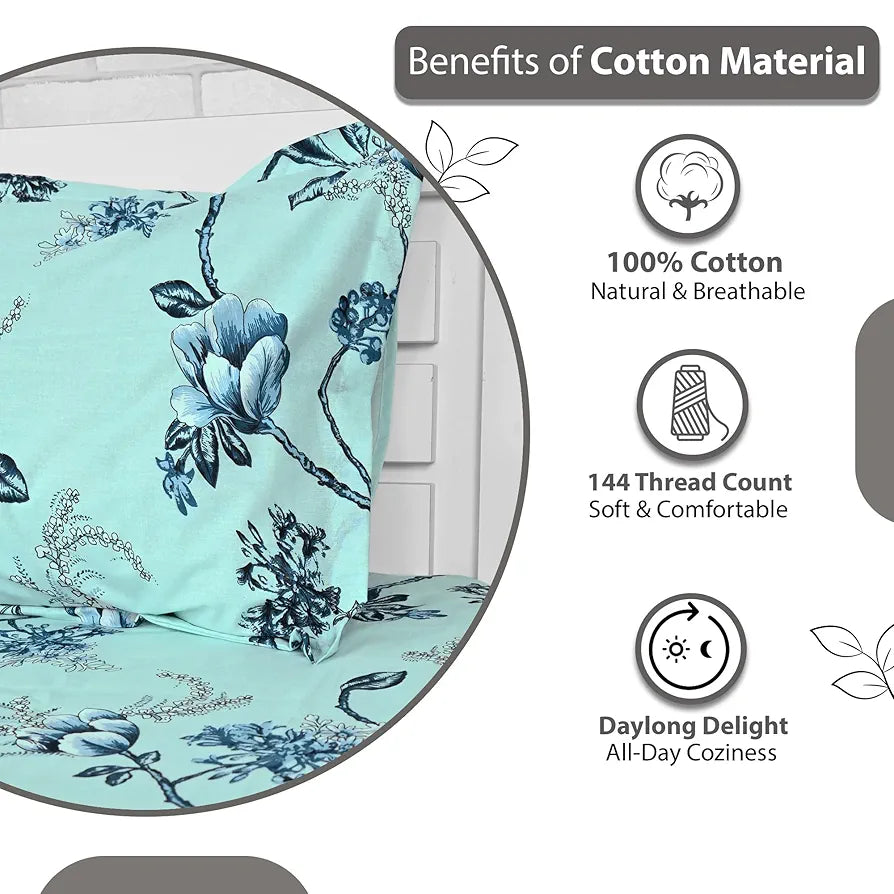 Divine Casa Bedsheet for Single Size Bed 144 TC Cotton Bedsheet for Single Size Bed with 1 Pillow Cover  Floral Colour Frost Blue