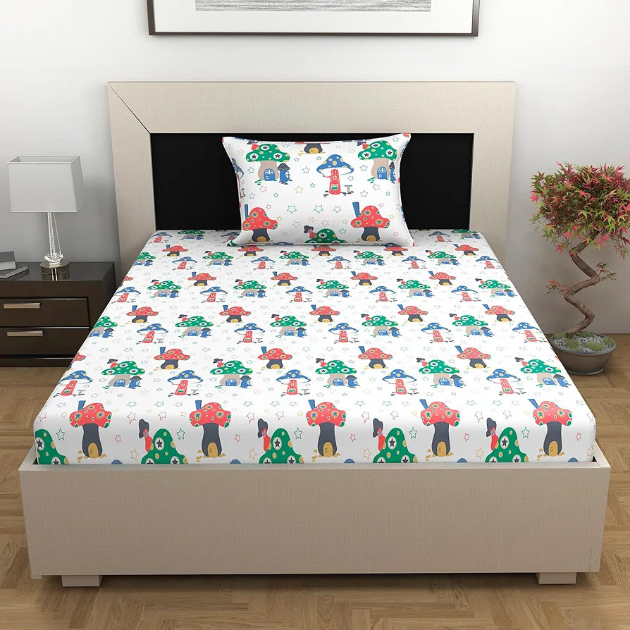 Divine Casa 144 TC 100% Cotton Single Bedsheet with 1 Pillow Cover Abstract Pattern Colour Rosin White