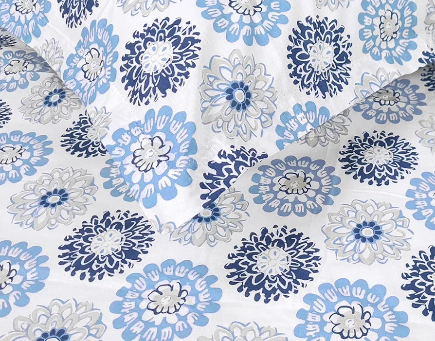 Divine Casa 100% Cotton Bedsheet for Single Bed 144 TC Bedsheet Single Size Bed Cotton with 1 Pillow Cover Colour Blue Beige