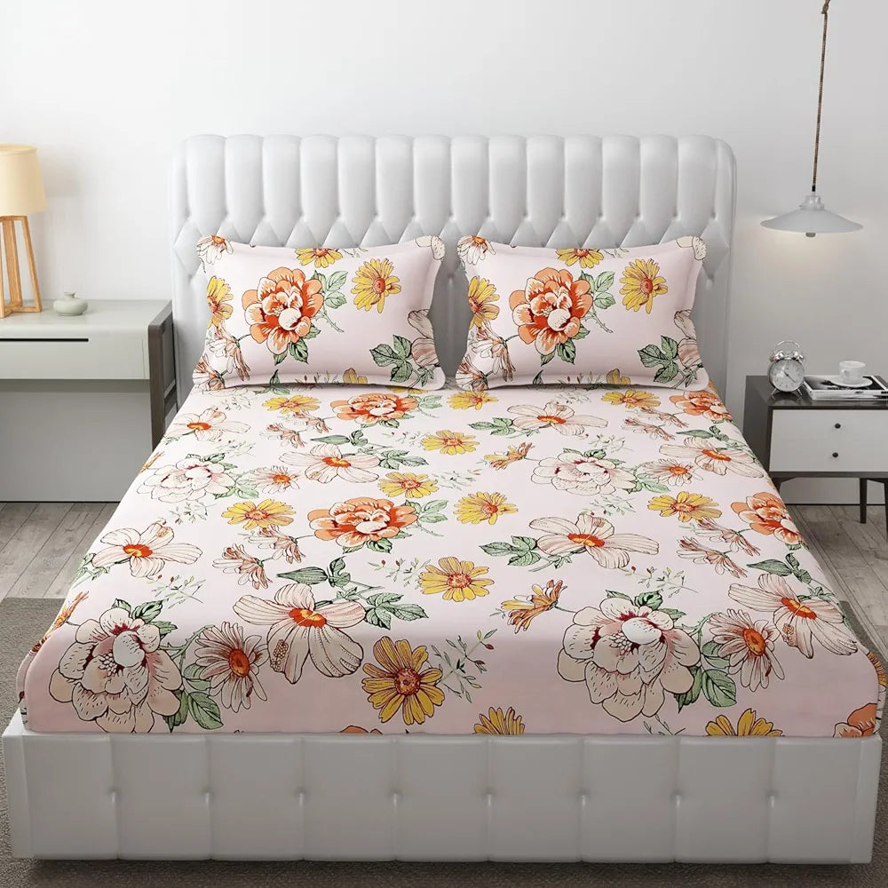 Fresh From Loom Elastic Fitted Floral Bed Sheets Bed Covers for Mattresses Tuck in King Size with Two Pillow Cover 144 TC Soft Pink
