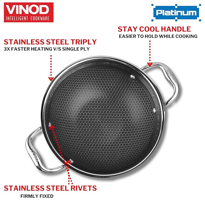 Vinod SAS Pro Platinum Triply Stainless Steel Non Stick Kadhai with Lid - 2.5 Litre, 24 cm | Ceramic Coating | Honeycomb Design Induction Base