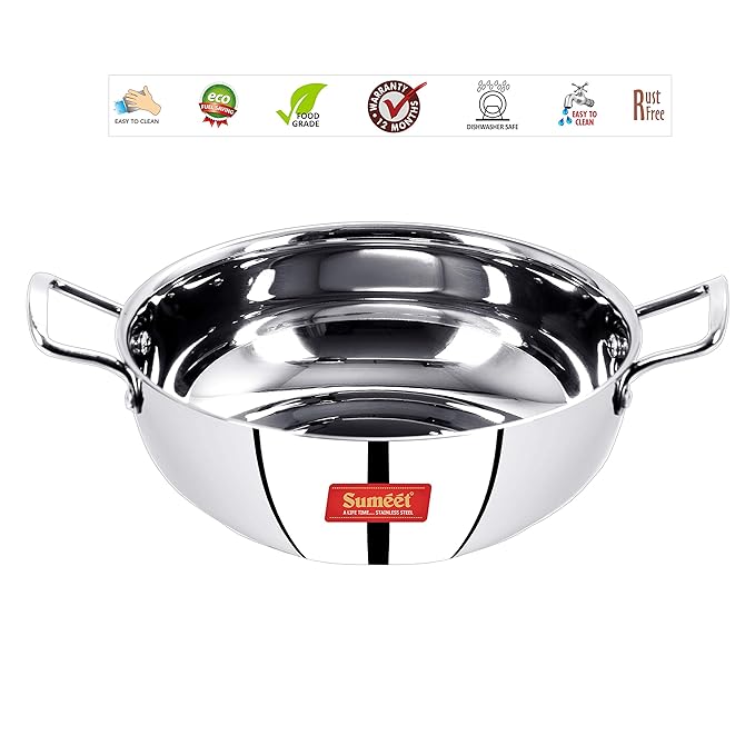 Sumeet Stainless Steel Induction Bottom Induction & Gas Stove Friendly Kadhai Size 11 (1.5 Liter) Silver