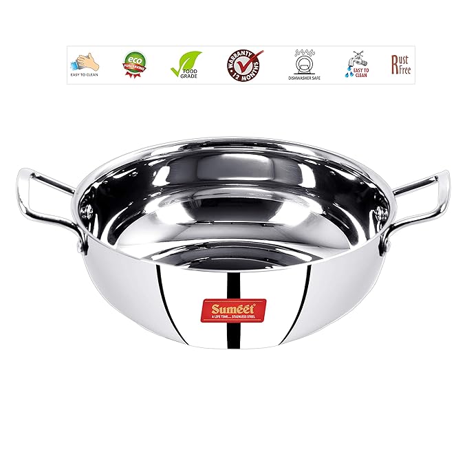 Sumeet Stainless Steel Induction Bottom nduction & Gas Stove Friendly Kadhai Size12 (1.9 Ltr)