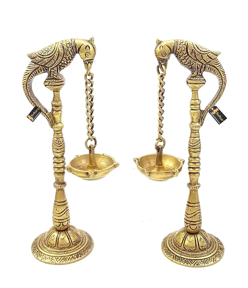 Two Moustaches Parrot Design 7.5 Inches Brass Hanging Diya Pair